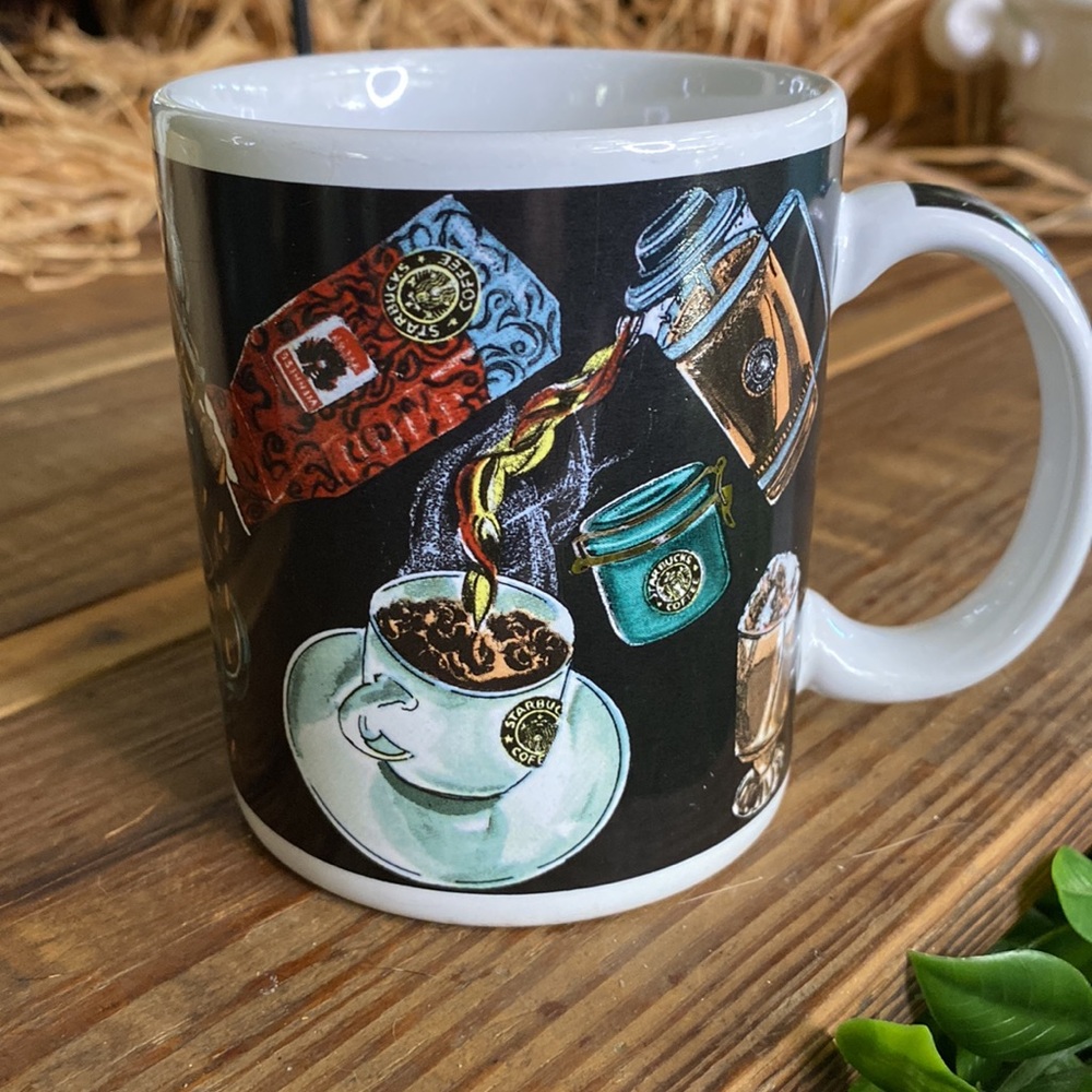 Starbucks Black and White Handled Mug with Coffee Themed Imagery All Over Print